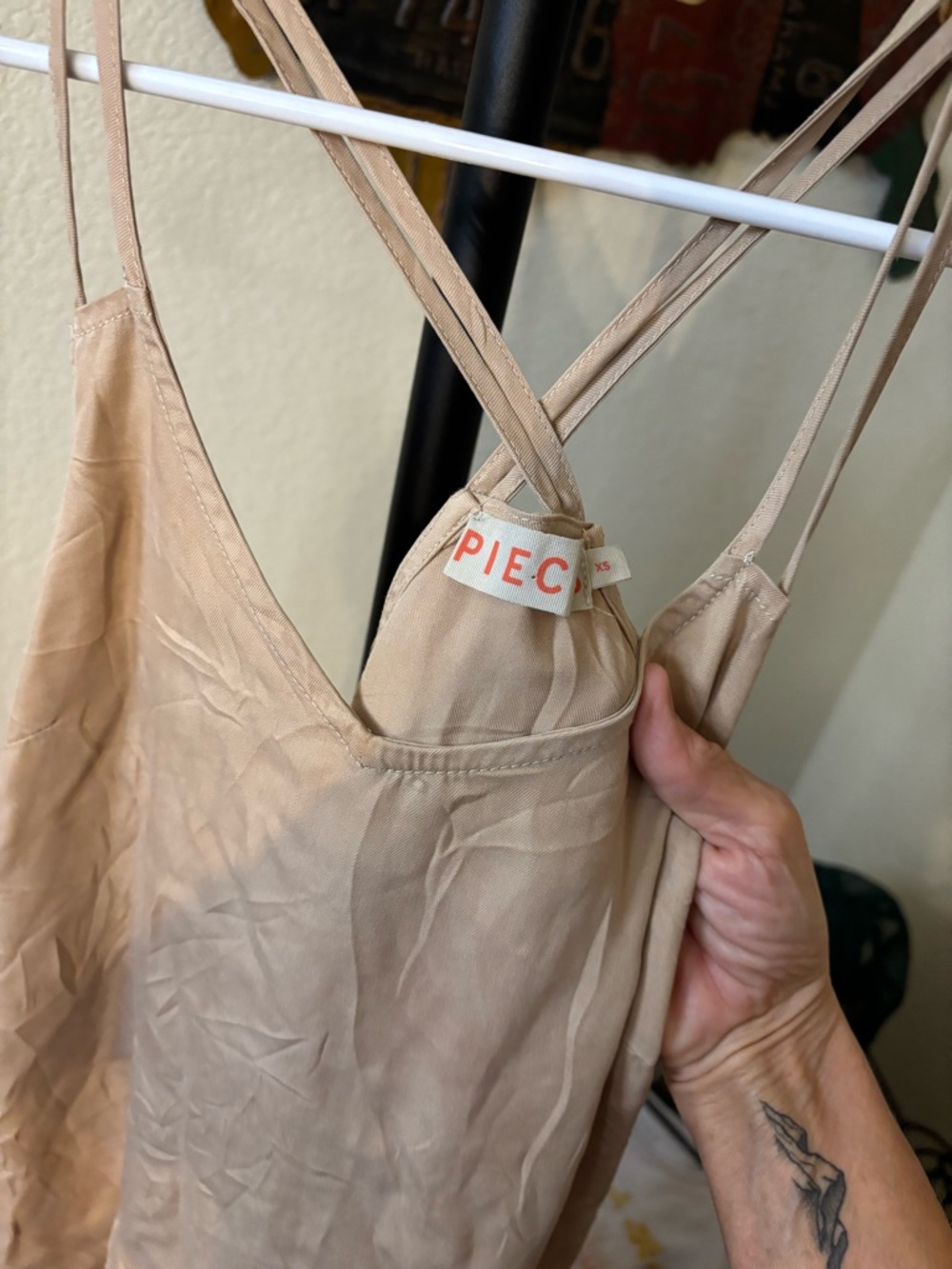 Light Tan Mini Slip Dress with Double Straps - Picture 5 of 6